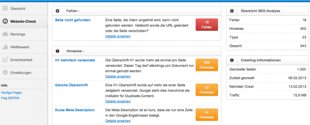 Per Crawling werden 1.000 Seiten untersucht.